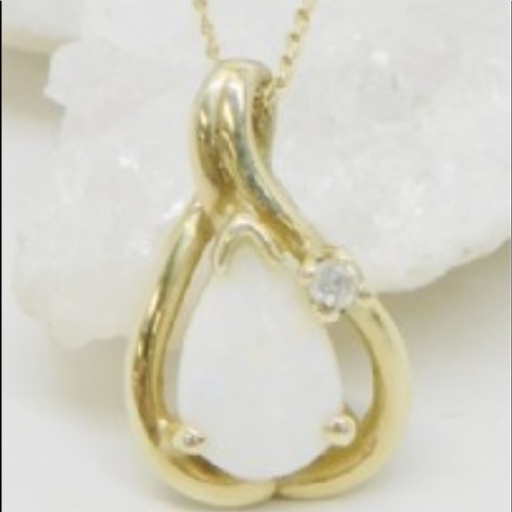 14KT Gold with White Opal & Diamond accent Pendent